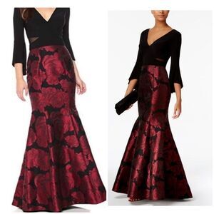Xscape Elegant Black and Red Floral Brocade Mermaid Gown Size 4